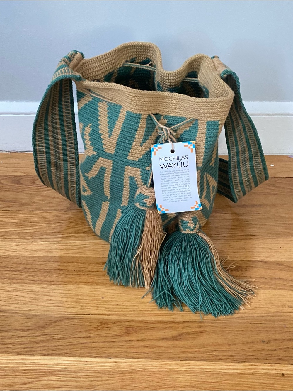 Mochilas Wayuu Teal Tan Handwoven Colombian Crossbody Bag With Tag
